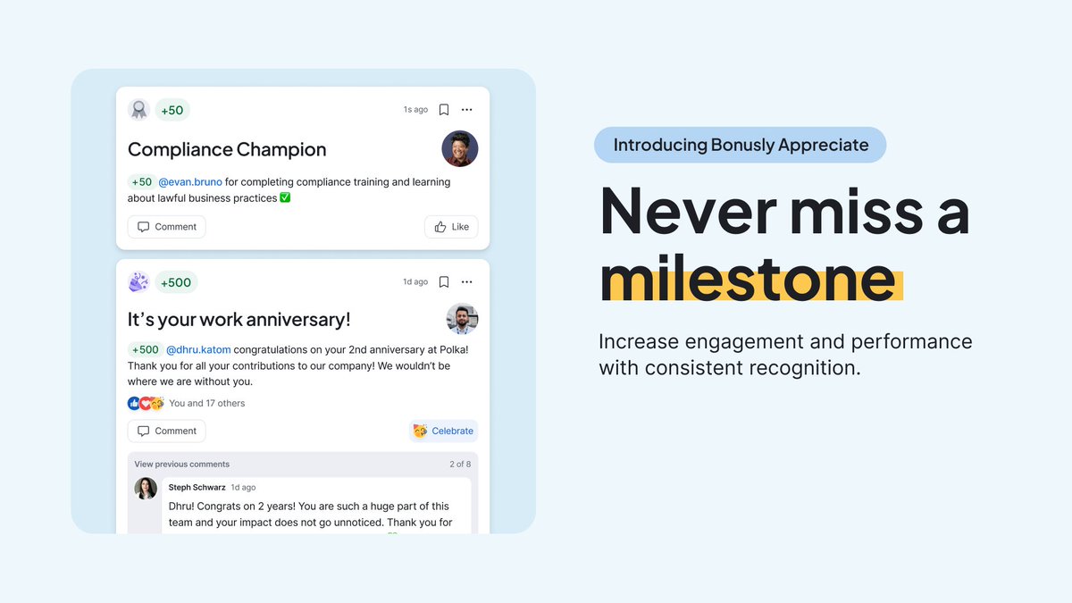 Bonusly (@bonusly) on Twitter photo Have you ever been so busy that you forgot to recognize an important milestone for an employee?
โจ ๐๐ง๐ญ๐ซ๐จ๐๐ฎ๐๐ข๐ง๐ ๐๐จ๐ง๐ฎ๐ฌ๐ฅ๐ฒ ๐๐ฉ๐ฉ๐ซ๐๐๐ข๐๐ญ๐-our newest solution to ensure you never fail to recognize an employee win or miss a milestone. hubs.ly/Q02JK6SY0 Have you ever been so busy that you forgot to recognize an important milestone for an employee?
โจ ๐๐ง๐ญ๐ซ๐จ๐๐ฎ๐๐ข๐ง๐ ๐๐จ๐ง๐ฎ๐ฌ๐ฅ๐ฒ ๐๐ฉ๐ฉ๐ซ๐๐๐ข๐๐ญ๐-our newest solution to ensure you never fail to recognize an employee win or miss a milestone. hubs.ly/Q02JK6SY0