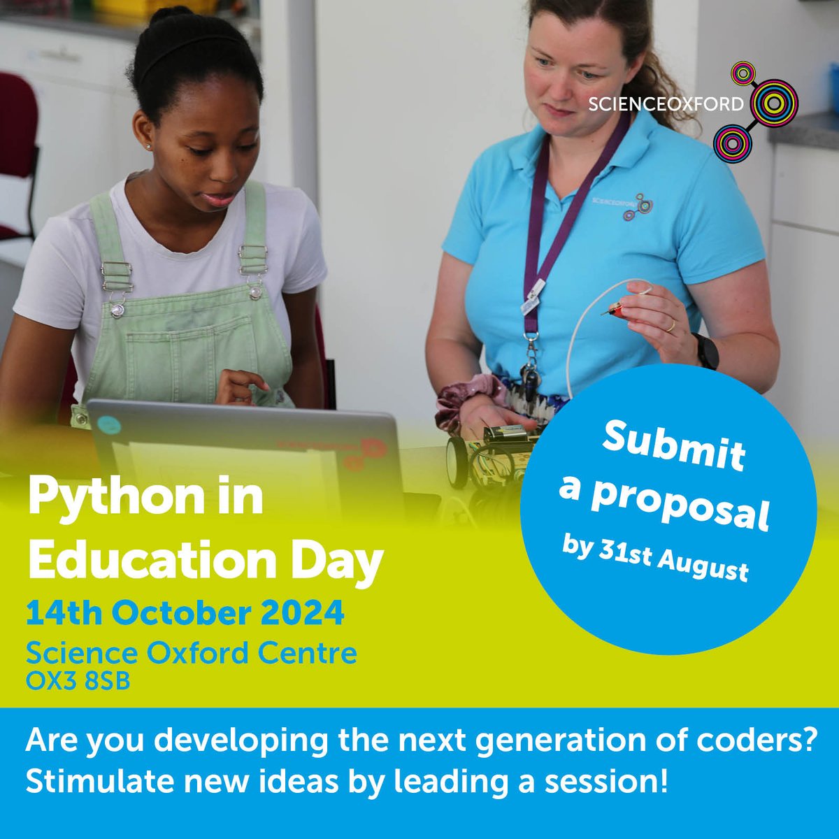 scienceoxford's tweet image. We’re welcoming proposals to lead sessions at our #PythonInEducation Day on 14 October. Share ideas on running successful clubs, lessons or projects for young people incorporating #Python programming language. ow.ly/vAxF50SOTe2 #coding #STEMlearning @PythonUK @Microbit_edu