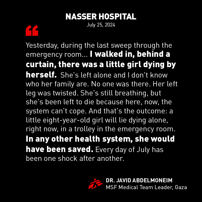 MSF_canada's tweet image. Dr. Javid Abdelmoneim shares his first-hand experience in the overwhelmed Nasser hospital in #Gaza as fighting continues to draw closer.

Nasser remains the end of the line for health service in the area.

We continue to urgently call for the protection of Nasser hospital.