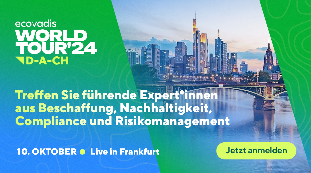 Ein Update zur EcoVadis World Tour D-A-CH 📢

Aktuell sind die Tickets für die Etappe am 10. Oktober in Frankfurt ❗ausverkauft❗

Tragen Sie sich jetzt in die Warteliste ein, um informiert zu werden, sollten wieder Karten verfügbar sein.
➡️ecovad.is/3A8lcP4