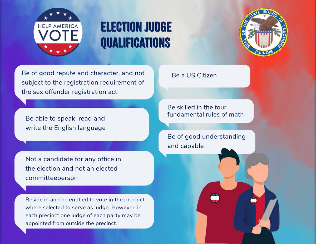 illinoissbe's tweet photo. Take a stand for democracy in Illinois by becoming an election judge! Review the qualifications needed to help maintain secure and accessible elections for all. 🗳️ #ElectionJudge #GetInvolved #pollworkerrecruitmentday https://t.co/sckeh9og21