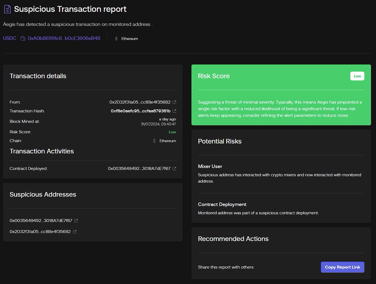 One of the key changes that we have made for #Aegis, is expanded context on every flagged transaction.

Be it a low or high-severity alert, we have improved the description provided, giving you more clarity for what you're looking.

The nifty 'Copy Report Link' allows you to
