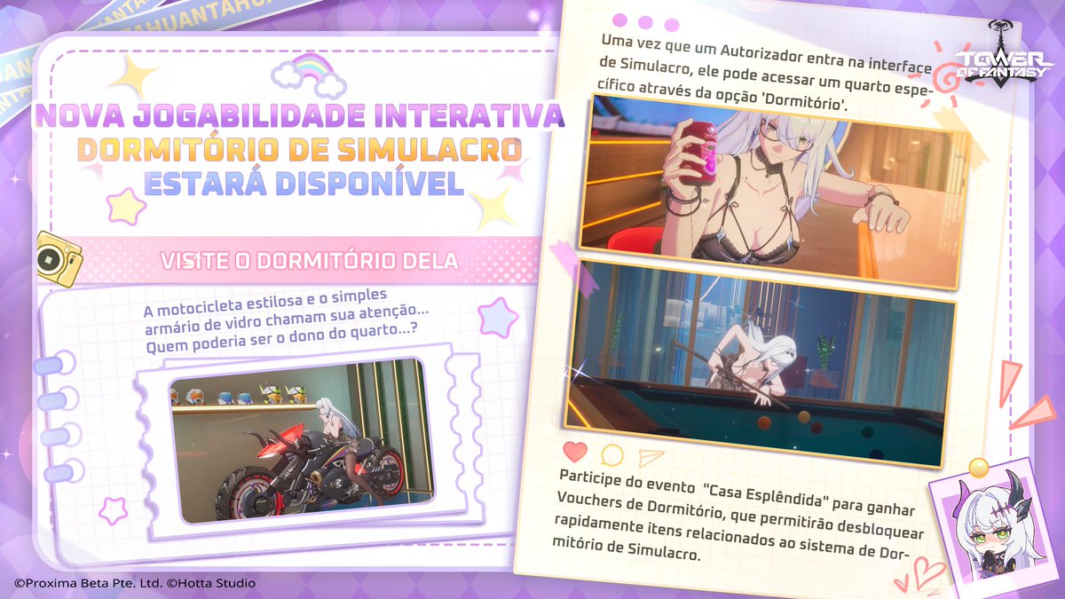 🌟Novo recurso na Versão 4.2: Dormitório de Simulacro!😍

Entre no dormitório dela e interaja com ela! 🪞

Participe do evento para receber Vouchers de Dormitório, que podem ser usados para resgatar móveis, roupas ou itens com recursos ou ações interativas únicas!🏍

#ToF2ndAnniv