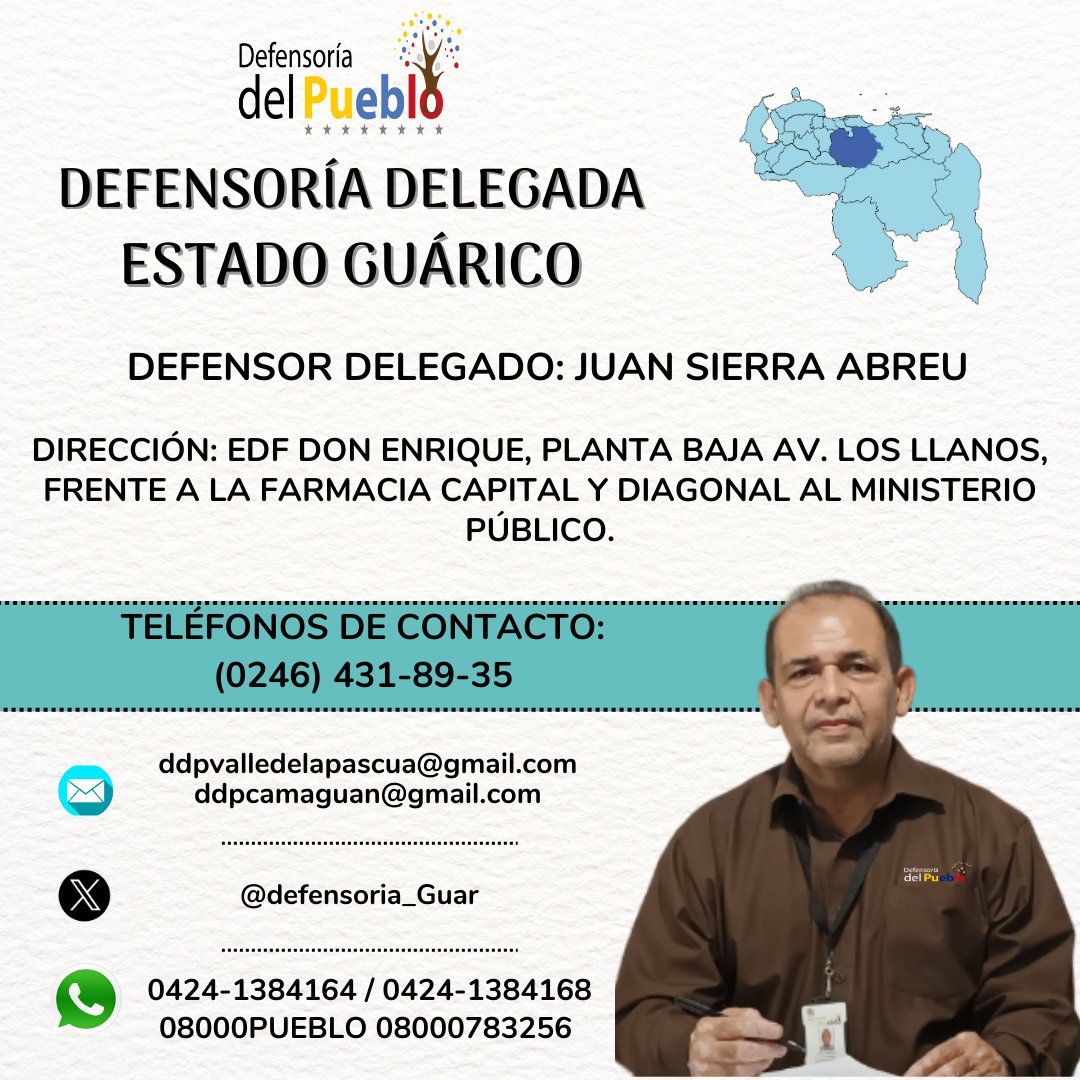 La
<a href="/Defensoria_Vzla/">Defensor del Pueblo</a>
te invita a conocer a nuestros defensores y defensoras delegadas de cada estado del país, quienes están prestos a atender y orientar a la población en materia de presunta vulneración de sus derechos humanos.