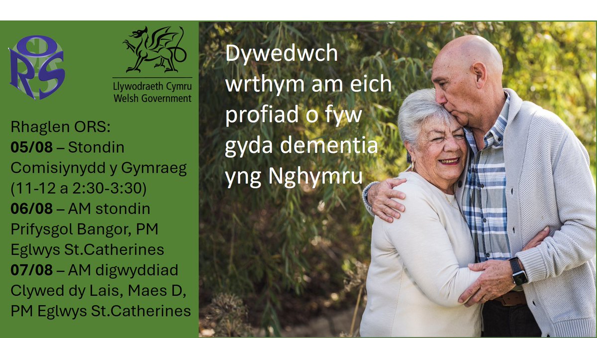 Ydych chi neu anwylyd wedi profi dementia? Rydyn ni eisiau clywed eich stori! Dewch i'n gweld yn yr Eisteddfod. Bydd eich profiadau yn helpu ORS i werthuso Cynllun Dementia Llywodraeth Cymru. Gadewch i ni wneud gwahaniaeth! #dementia#Steddfod24