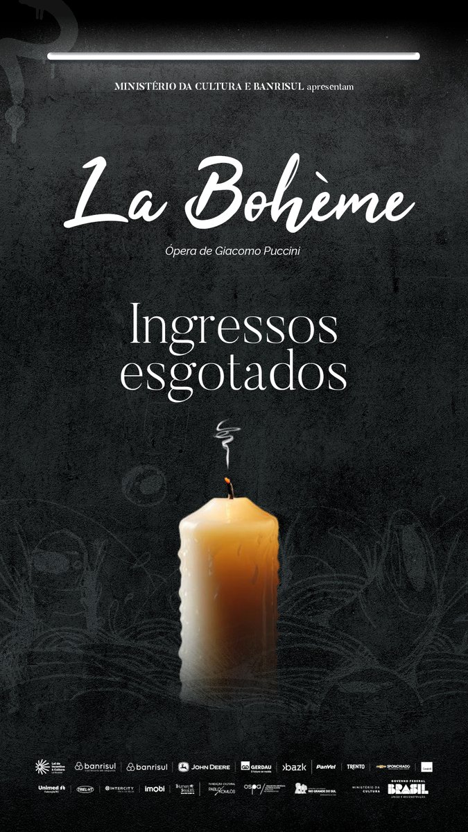 Ingressos para La Bohème esgotados ⌛

🎭 Agradecemos imensamente pelo interesse de tantas pessoas em prestigiar a ópera. Não há previsão de novas apresentações deste espetáculo na temporada 2024. 

Aguardamos por vocês!

🔗 Saiba mais sobre a montagem: ospa.rs.gov.br/ospa-leva-ao-p…