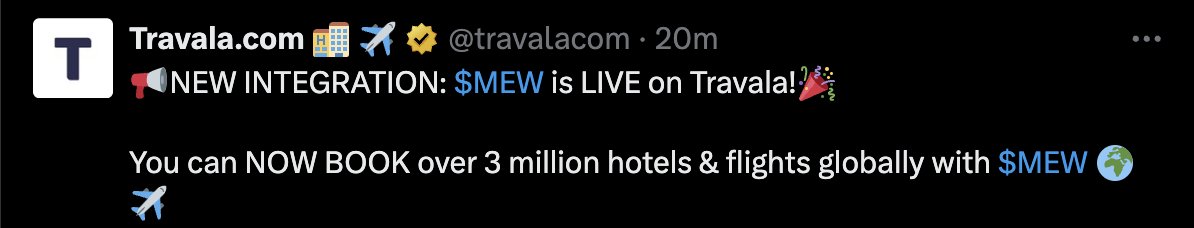 🚨 NEWS FLASH 🚨

Travala integrates Solana memecoin MEW, allowing holders to use it to book 3Mn+ hotels and flights!