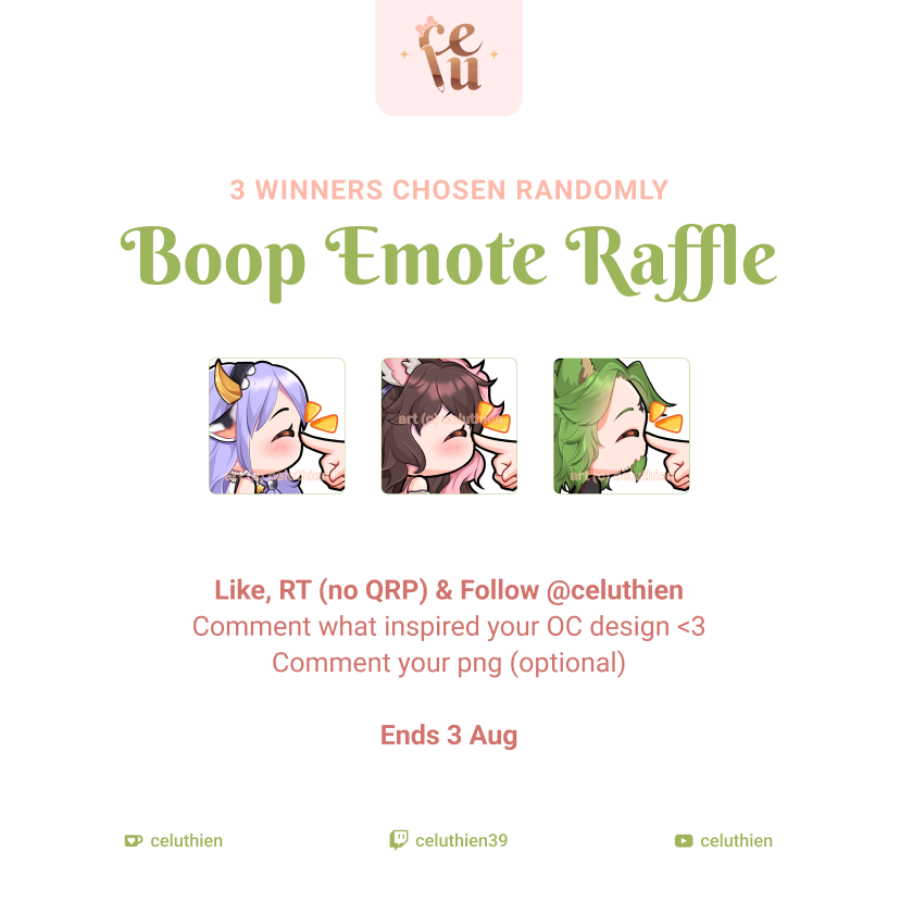 YCH Boop Emote Raffle because I feel like it 🙃

🏆 3 randomly chosen winners will get a boop emote each
🗓️ Ends Aug 3

If you don't follow the rules, your entry won't be counted
TOS applies

#Vtuber #VtuberEN #VtuberUprising