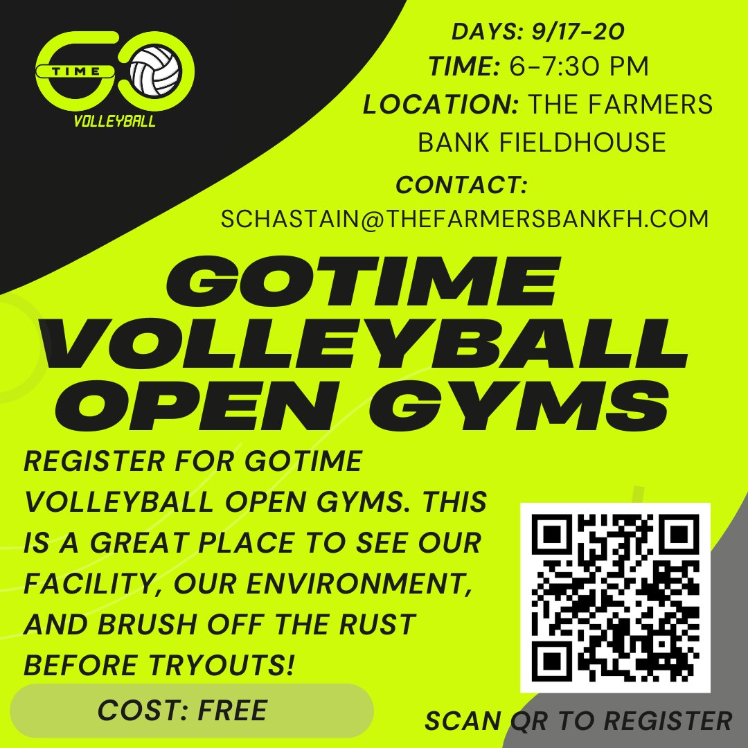 GoTime Volleyball (@gotimevb) on Twitter photo We cannot wait for you to join us for GoTime Volleyball Open Gyms before club season tryouts!
Cost: free
Days: 9/17/24-9/20/24
Time: 6-7:30pm
Location: <a href="/TheFarmersBFH/">The Farmers Bank Fieldhouse</a> 645 Fieldhouse Way, Lebanon, Indiana
Registration Link: lebanonfh.leagueapps.com/events/4323247… We cannot wait for you to join us for GoTime Volleyball Open Gyms before club season tryouts!
Cost: free
Days: 9/17/24-9/20/24
Time: 6-7:30pm
Location: <a href="/TheFarmersBFH/">The Farmers Bank Fieldhouse</a> 645 Fieldhouse Way, Lebanon, Indiana
Registration Link: lebanonfh.leagueapps.com/events/4323247…