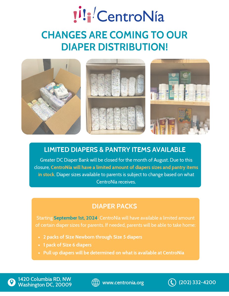 CentroNia's tweet image. CentroNía Families 📢📢 Important changes are coming to our #diaperdistribution and pantry items.

We will have a limited amount of diaper sizes &amp;amp; pantry items in stock for August. Starting 9/1, there will be a limited amount if certain diaper sizes available for parents.

⬇️⬇️