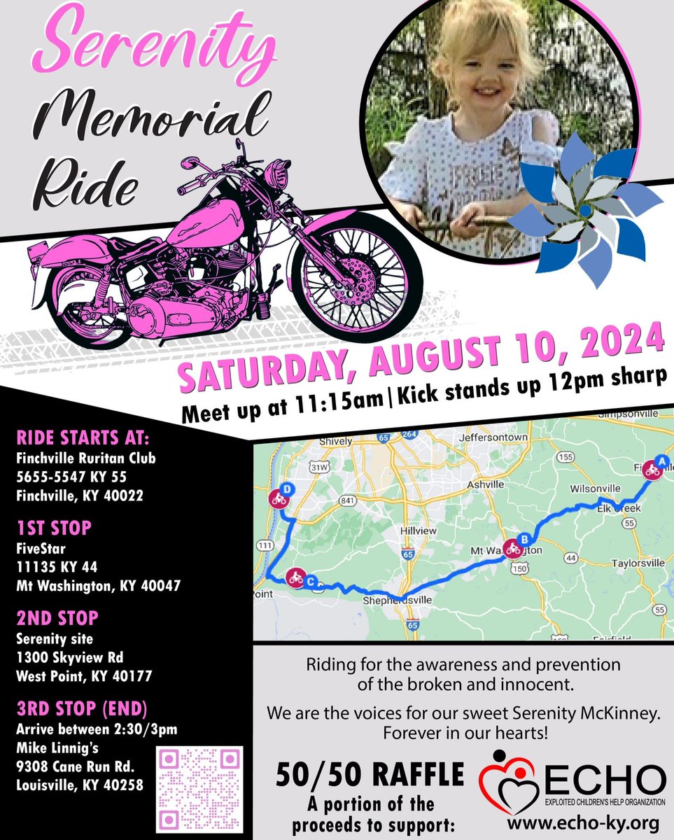 Ride with us at the Serenity Memorial Ride as we honor a precious life taken too soon and shine a light on child abuse. Together, we can raise awareness, educate the next generation, and honor Serenity.
Interested in investing in this cause? click here: bit.ly/3WMJszn