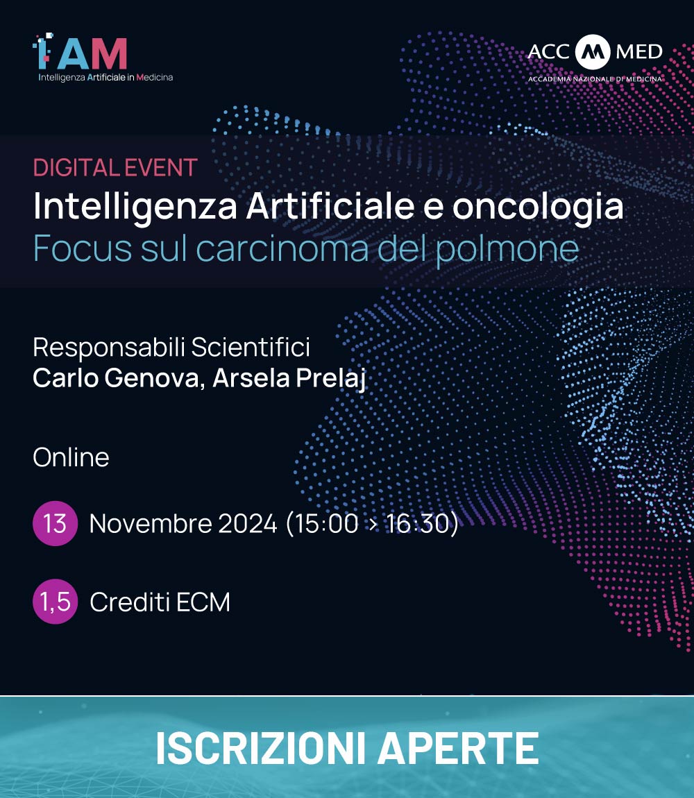 Accademia Medicina (@accmedorg) on Twitter photo Digital Event
🔸Intelligenza Artificiale e oncologia. Focus sul carcinoma del polmone
Responsabili Scientifici: <a href="/CarloGenova5/">Carlo Genova</a>,
<a href="/PrelajArsela/">arsela prelaj</a>
Online | 13 novembre 2024 (15:00 > 16:30)
Crediti ECM: 1.5
per info e iscrizioni:
fad.accmed.org/course/info.ph…
📩 segreteriacorsi@accmed.org Digital Event
🔸Intelligenza Artificiale e oncologia. Focus sul carcinoma del polmone
Responsabili Scientifici: <a href="/CarloGenova5/">Carlo Genova</a>,
<a href="/PrelajArsela/">arsela prelaj</a>
Online | 13 novembre 2024 (15:00 > 16:30)
Crediti ECM: 1.5
per info e iscrizioni:
fad.accmed.org/course/info.ph…
📩 segreteriacorsi@accmed.org