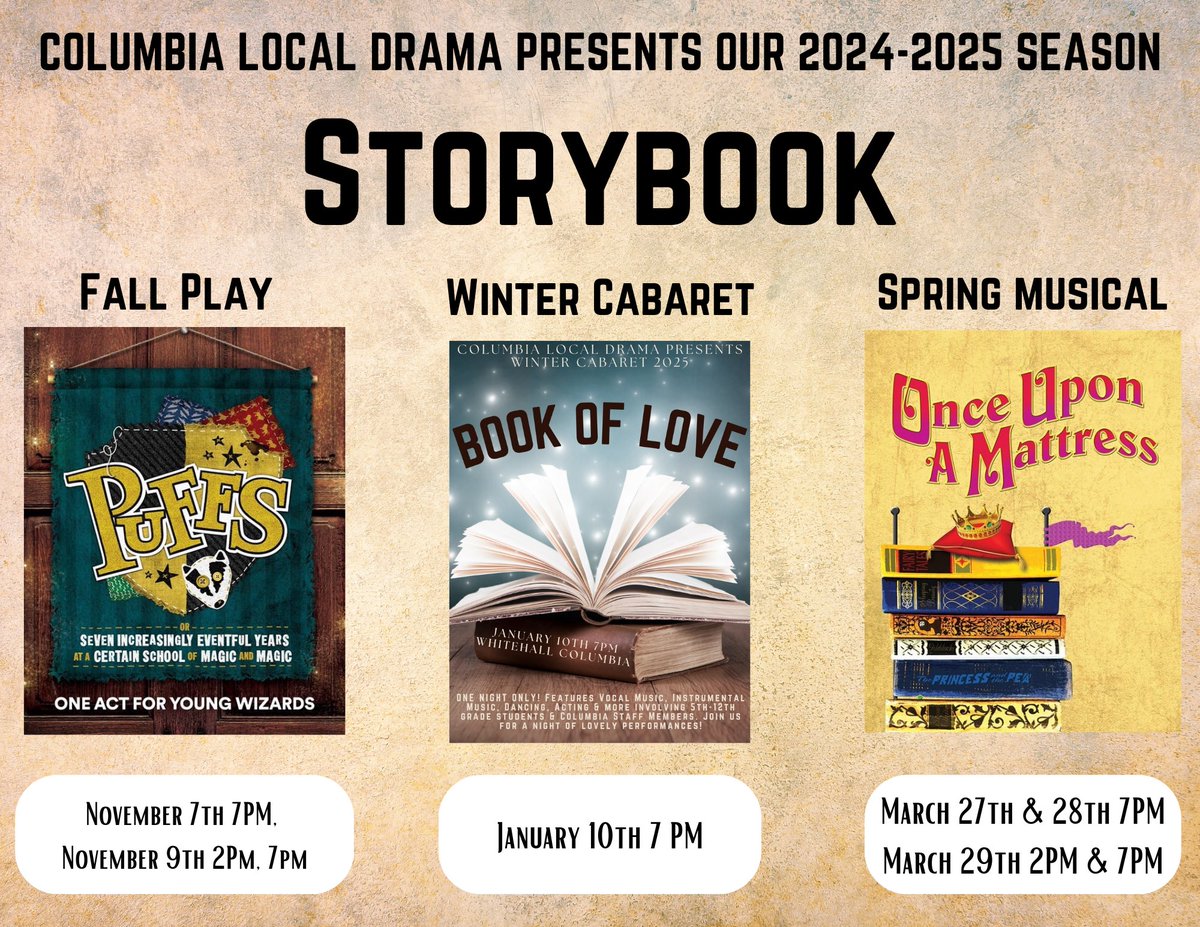 Excited to announce our 2024-2025 drama performance season 🫶✨📖 this is the show line-up of our dreams, start getting ready friends! We have stories to tell!