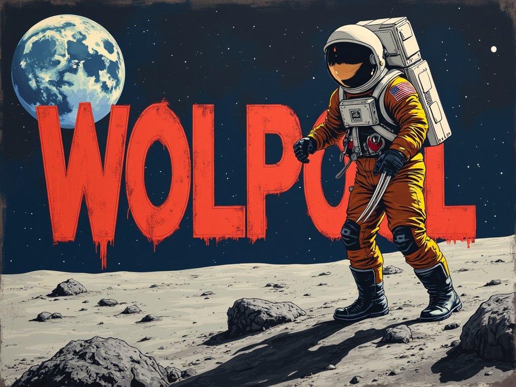 TextiApp's tweet image. Flux Pro by @BlackForestLabs
Prompt: picture of a imaginary hero of canada an australia which looks like a mix between wolverine and deadpool. The hero is a participant of the apollo 11 program that landed on the moon. Make sure to show the moon and the earth in the background.…
