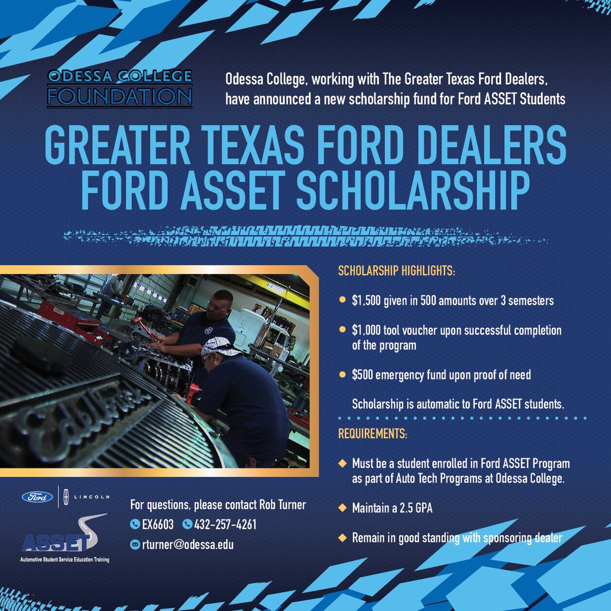 OdessaCollege's tweet image. 🪛 Limited spots available for the Greater Texas Ford Dealers Ford ASSET Scholarship! 

🔧 Don’t miss your chance to join this earn while you learn program and kickstart your automotive career.

✏️ Secure your spot today! 

#FordASSET #Scholarship #EarnWhileYouLearn