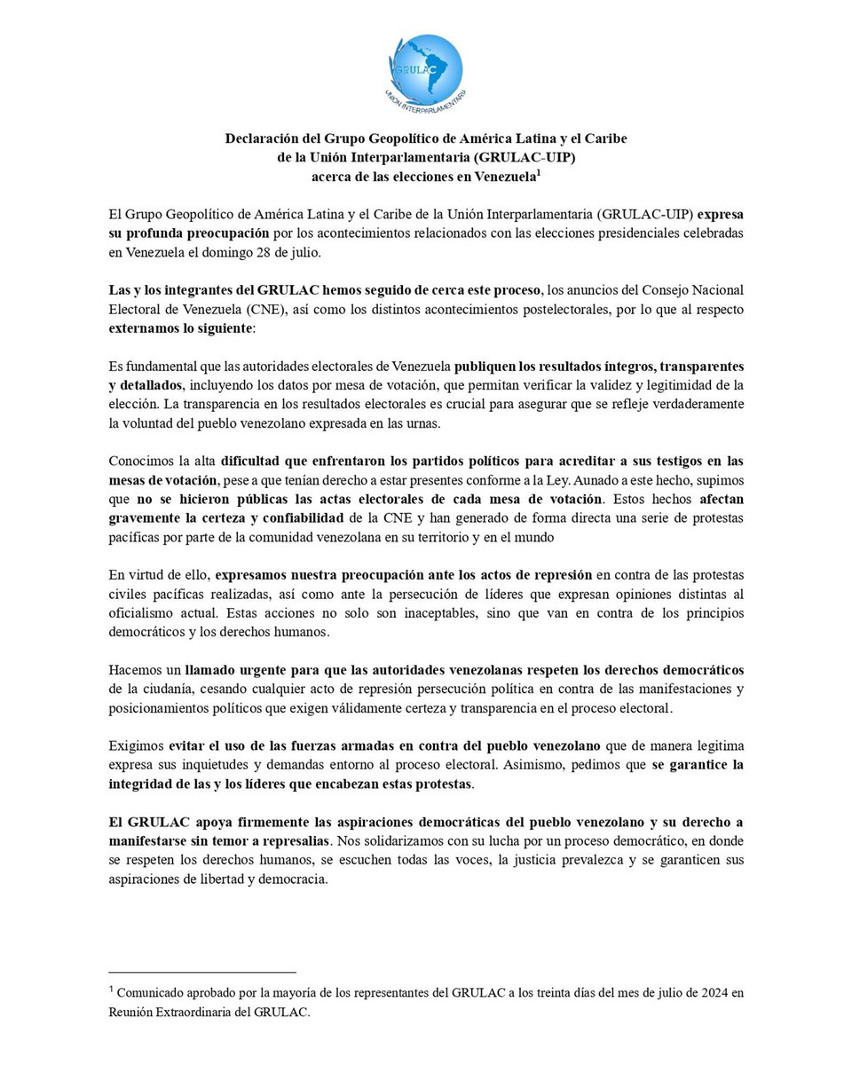 Agradecemos al Grulac de la Unión Interparlamentaria Mundial por pronunciarse sobre los recientes acontecimientos en el país y por apoyar la lucha de la ciudadanía venezolana que votó por un cambio el pasado 28 de julio.
