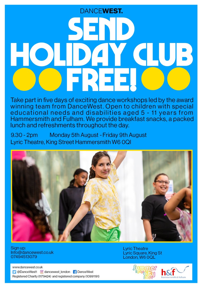 💃<a href="/DanceWest1/">DanceWest</a> are running FREE holiday programmes for children aged 5-11 with disabilities or learning disabilities at <a href="/LyricHammer/">Lyric Hammersmith Theatre</a> next week!

Places are limited - book here: book.plinth.org.uk/e/YZU3ZD35Oatz…