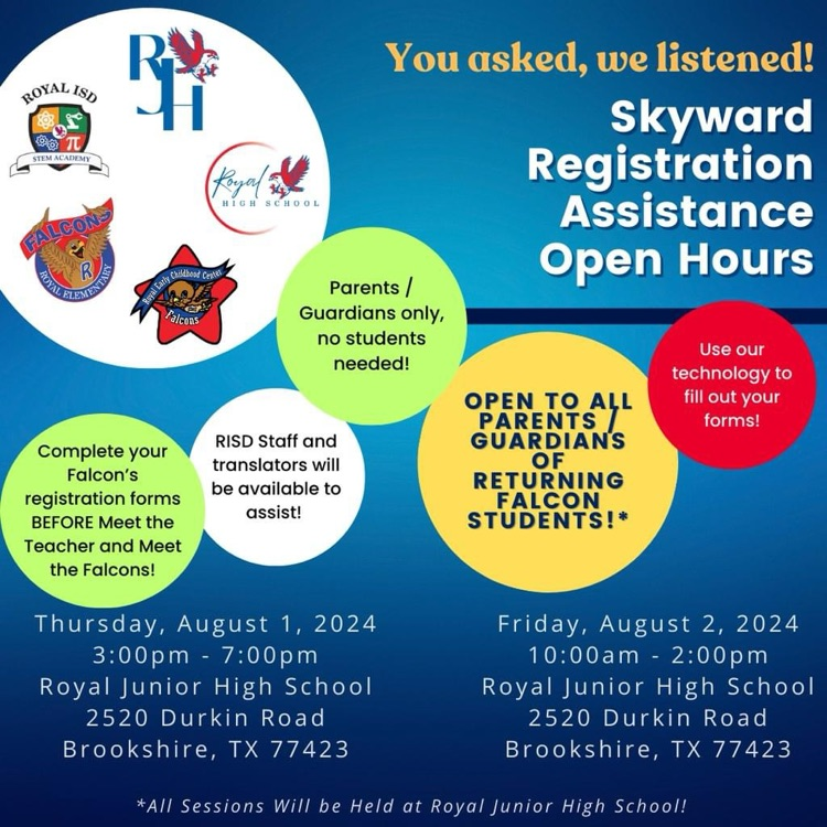 RoyalISD's tweet photo. Reminder! Join us at TONIGHT from 3-7pm or TOMORROW from 10am-2pm for assistance with annual registration. The sessions will be held at Royal Junior High and are open to ALL parents/guardians of a returning Falcon student. See you then! #WeAreRoyal #InvestingInOurTomorrow https://t.co/0UeMyXbZNy