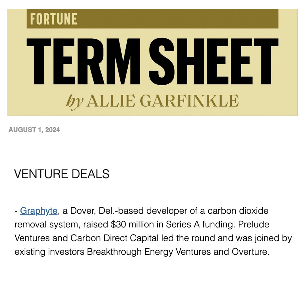 CarbonCasting's tweet image. 👀 Graphyte was featured in today's @FortuneMagazine  Term Sheet. Learn more about our #SeriesA funding announcement: bit.ly/46LNs6B @PreludeVC @Carbon_Direct @Breakthrough @Overture_VC