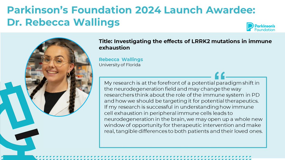 <a href="/UCSF/">UC San Francisco</a> <a href="/UF/">FLORIDA</a> 📢 Congratulations to 2024 Launch awardee,
Dr. Rebecca Wallings, whose project focuses investigating the effects of LRRK2 mutations in immune exhaustion. Dr. Wallings is mentored by @MaluTansey at <a href="/UF/">FLORIDA</a>.
