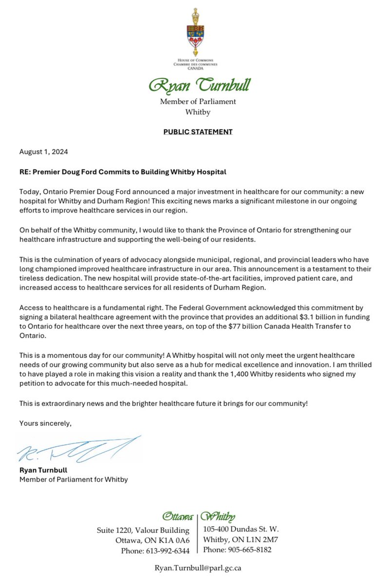 TurnbullWhitby's tweet photo. Finally! Whitby is getting a hospital! I couldn’t be more thrilled about today’s announcement.
Please see my official statement 👇 #onpoli #whitbyhospital #whitbymatters @TownofWhitby https://t.co/jAI2FXaYAK