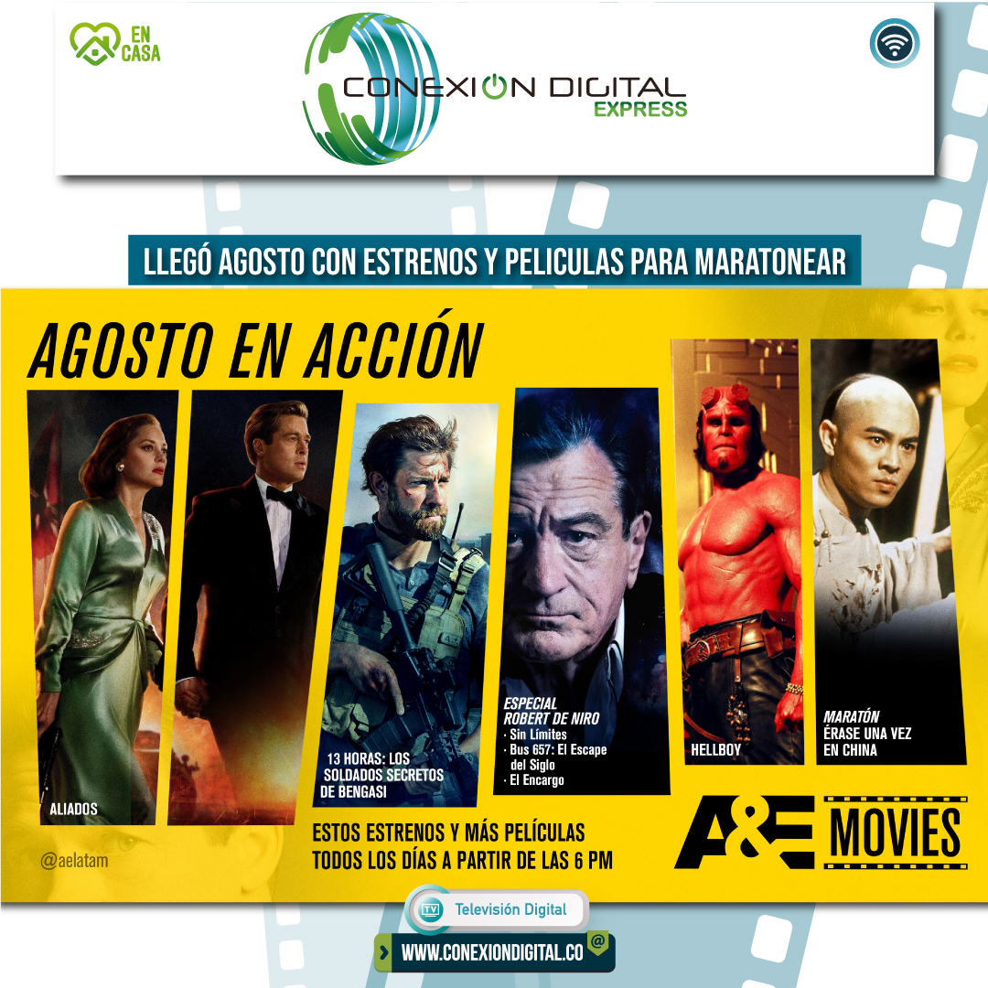 ¡Agosto viene con estrenos para maratonear en familia todos los días!
📺 A&amp;E MOVIES
⏱ 6:00 PM
📆 TODOS LOS DÍAS

#Conexiondigital #Entretenimiento #Estrenos #Accion #Peliculas #paratí