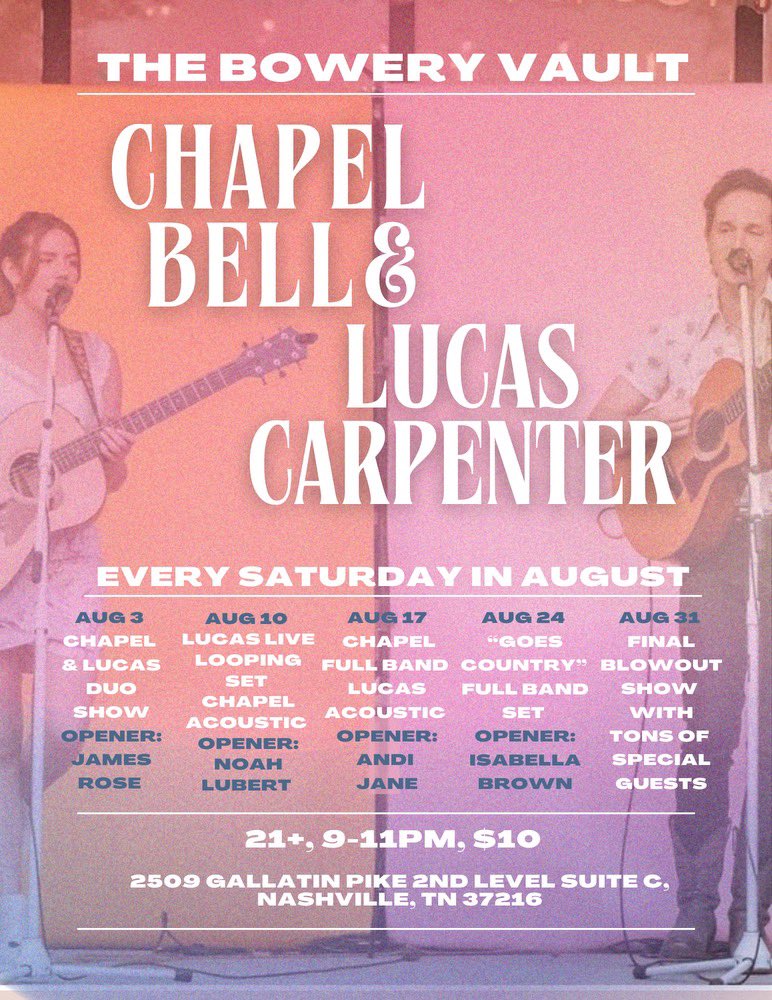 NASHVILLE RESIDENCY at Bowery Vault starts this weekend! Every Saturday in August Chapel Bell &amp; I will bring you a different show, with various openers &amp; a ton of special guests. Hope to see ya there!…