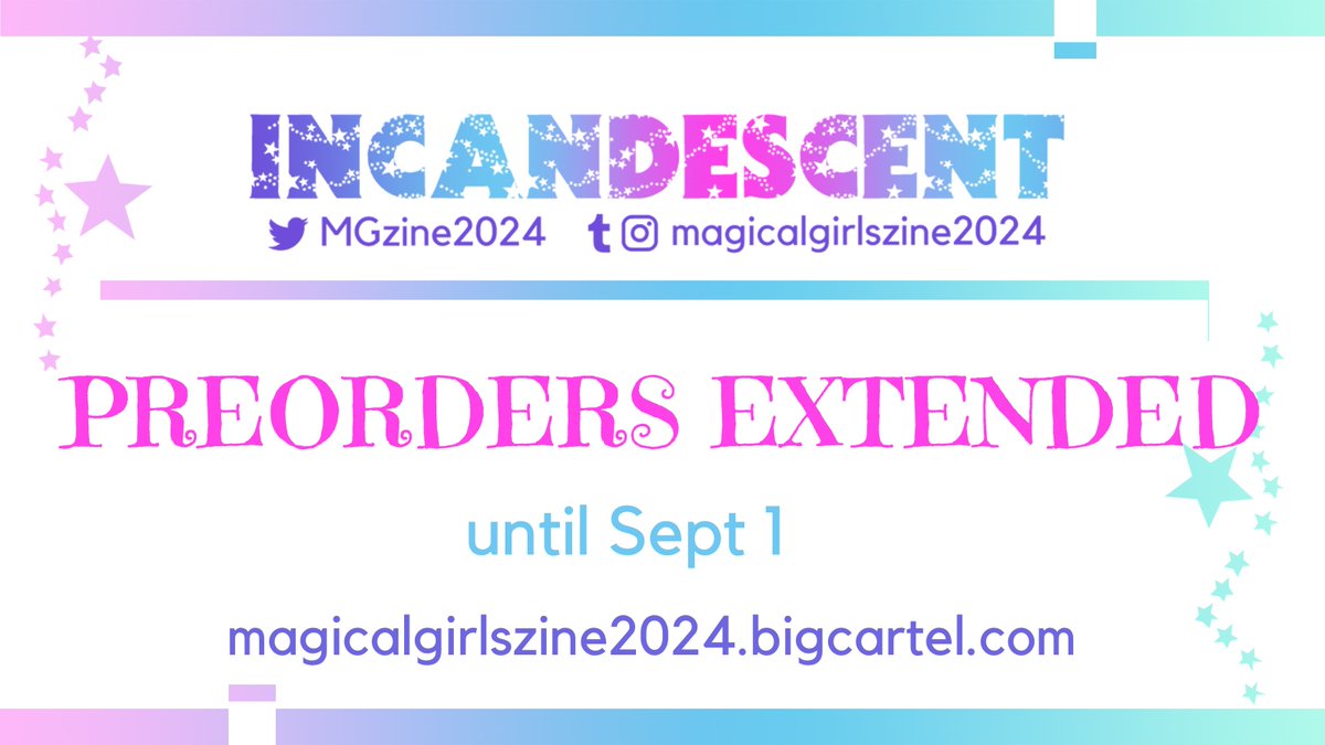 MGzine2024's tweet photo. 🎀PREORDERS EXTENDED💫

We're extending preorders to Sunday, Sept 1!

This magical zine includes 21+ mahou shoujo fandoms + merch. Profits go to PCRF!

🛒: https://t.co/QnZBuA6XmH

#magicalgirl #shoujo #anime #zine #SailorMoon #tokyomewmew #shugochara #princesstutu #MadokaMagica https://t.co/GEjXVWliDa