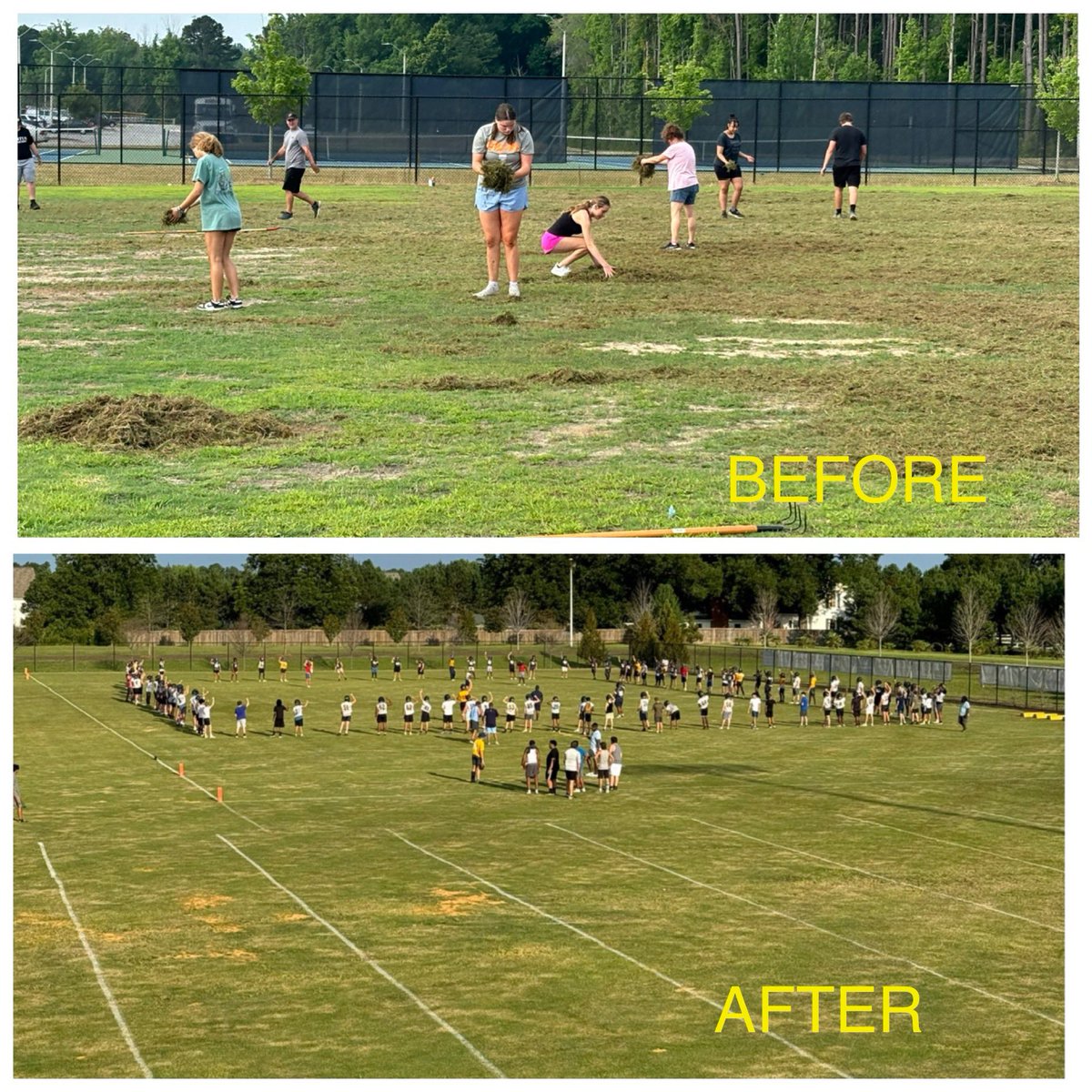 We often get asked, where does the 💲💲the booster club generates go to? Well ..#1 is our  sports program. We also pay to maintain our fields. 

Recently we covered the cost for sprigs to lay on the practice field which had a lot of bare spots.  

Check out that before &amp; after.
