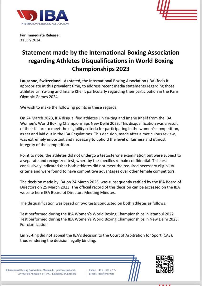 GyllKing's tweet photo. Disgraceful and clearly biased reporting from the BBC's @danroan who said Imane Khalife failed a testosterone test. Not true. It's not actually at all clear what test the IBA say she failed as you can see from this rather muddled letter from the IBA chairman. https://t.co/FtH9m5ue8Z