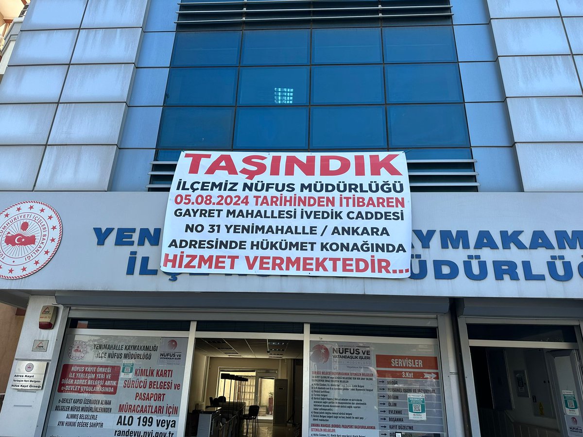 📍İlçe Nüfus Müdürlüğümüz TAŞINDI!
İlçemiz Nüfus Müdürlüğü 05.08.2024 tarihinden itibaren yeni hükümet konağındaki adresimizde değerli vatandaşlarımızın hizmetinde olacaktır!
<a href="/itasyapan/">İbrahim Taşyapan</a> 
<a href="/TCNufus/">Nüfus ve Vatandaşlık İşleri Genel Müdürlüğü</a>
<a href="/edizsurucu/">Ediz Sürücü 🇹🇷🇹🇷🇹🇷</a> 
<a href="/T_Kurtbeyoglu/">TahsinKURTBEYOĞLU</a> 
<a href="/ankara_il/">Ankara İl Nüfus ve Vatandaşlık Müdürlüğü</a> 
<a href="/MustafaGungorlu/">Mustafa GÜNGÖRLÜ</a> 
<a href="/ylmzckmk_/">Yılmaz ÇAKMAK</a>