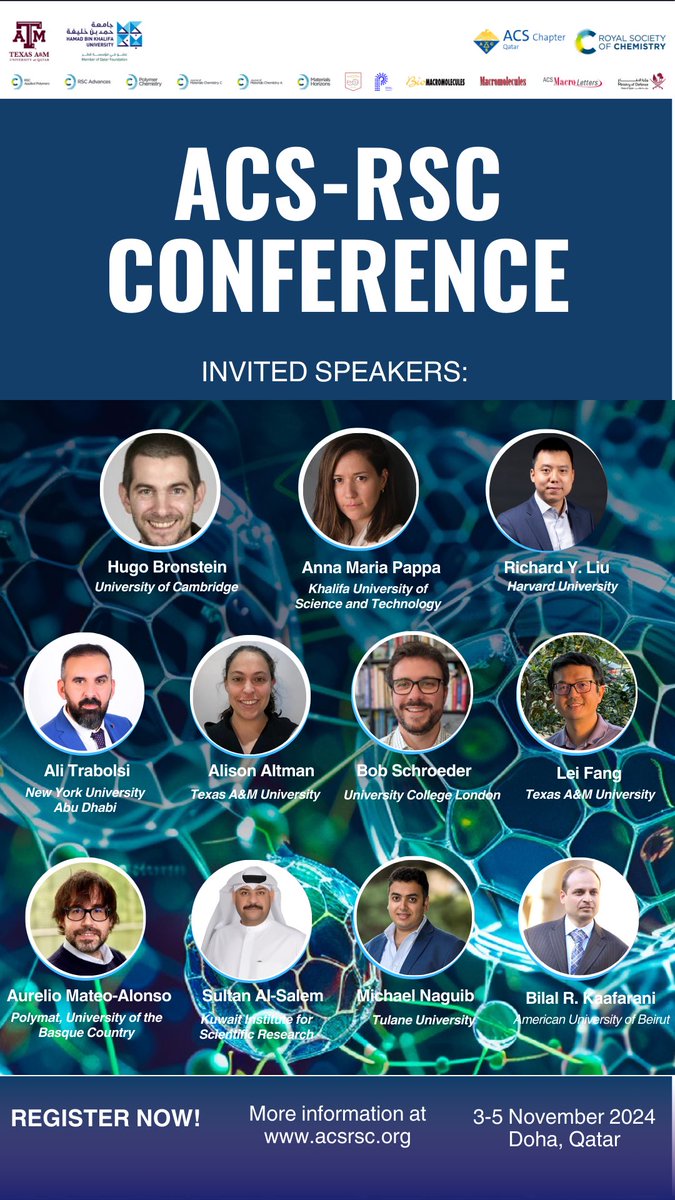 Mohammed Al-Hashimi, PhD, FRSC (@moalhashimi) on Twitter photo Join us for the American Chemical Society <a href="/QatarACS/">The American Chemical Society, Qatar Chapter</a>-Royal Society of Chemistry <a href="/RoySocChem/">Royal Society of Chemistry</a> conference in Doha from November 3-5. We have an exceptional lineup of speakers from prestigious institutions, making this a must-attend event. <a href="/HBKU/">جامعة حمد بن خليفة</a> <a href="/TAMUQ/">Texas A&M at Qatar</a> @EmilyPentzer Join us for the American Chemical Society <a href="/QatarACS/">The American Chemical Society, Qatar Chapter</a>-Royal Society of Chemistry <a href="/RoySocChem/">Royal Society of Chemistry</a> conference in Doha from November 3-5. We have an exceptional lineup of speakers from prestigious institutions, making this a must-attend event. <a href="/HBKU/">جامعة حمد بن خليفة</a> <a href="/TAMUQ/">Texas A&M at Qatar</a> @EmilyPentzer