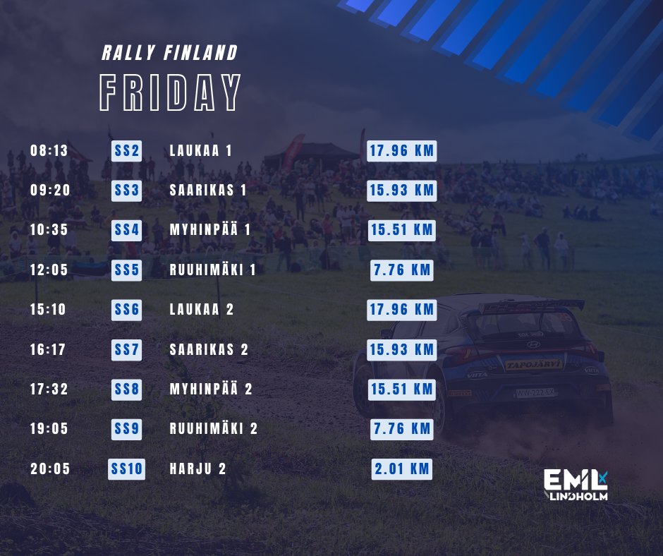 #WRC 🇫🇮 #SectoRallyFinland
Friday 2.8.

🏎 #35 WRC2
🏁 9 stages / 116.33 km
🛣 Gravel
☁️ 18°C

ℹ️ rallyfinland.fi
⏱ wrc.com/en/wrcplus/liv…
📻 yle.fi/mmralli

#WRC #HMSGofficial #RallyFinland <a href="/OfficialWRC/">FIA World Rally Championship</a> <a href="/RallyFinland/">Secto Rally Finland</a>