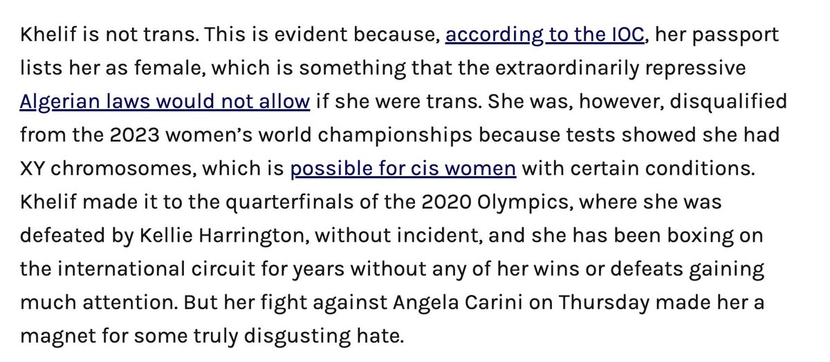 I know this story has reached thermonuclear levels of BS and grift-fueled hate on here, but if anyone is actually interested in learning more about Imane Khelif, I found this helpful.

defector.com/j-k-rowling-in…