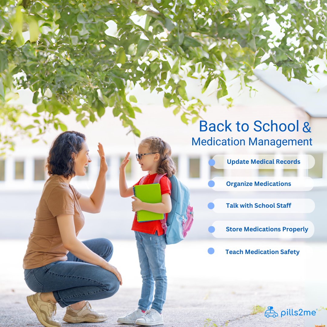 Pills2Me's tweet photo. The start of August means back to school, and it’s time to prepare for a successful and healthy year! 📚 Along with school supplies and new schedules, it's crucial to manage your child's medication properly. 

#Pills2Me #caredelivered #backtoschool #medication #healthykids https://t.co/WoahGz2Gxq
