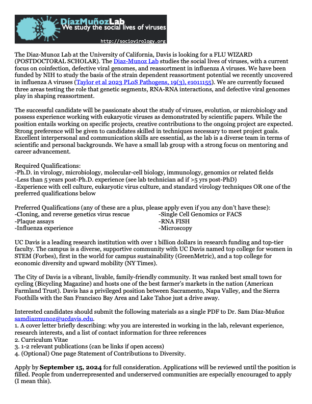 sociovirology's tweet photo. My lab is hiring! 
We're looking for a post-doc or lab tech to work on an NIH-funded project studying the basis of strain dependent reassortment potential in flu viruses. DM for more details or *any* questions. 

Pls RT #newishPI #SocialViruses #ASV2024 #ASM2024 #LoveVirology https://t.co/N0xeuyOgrh