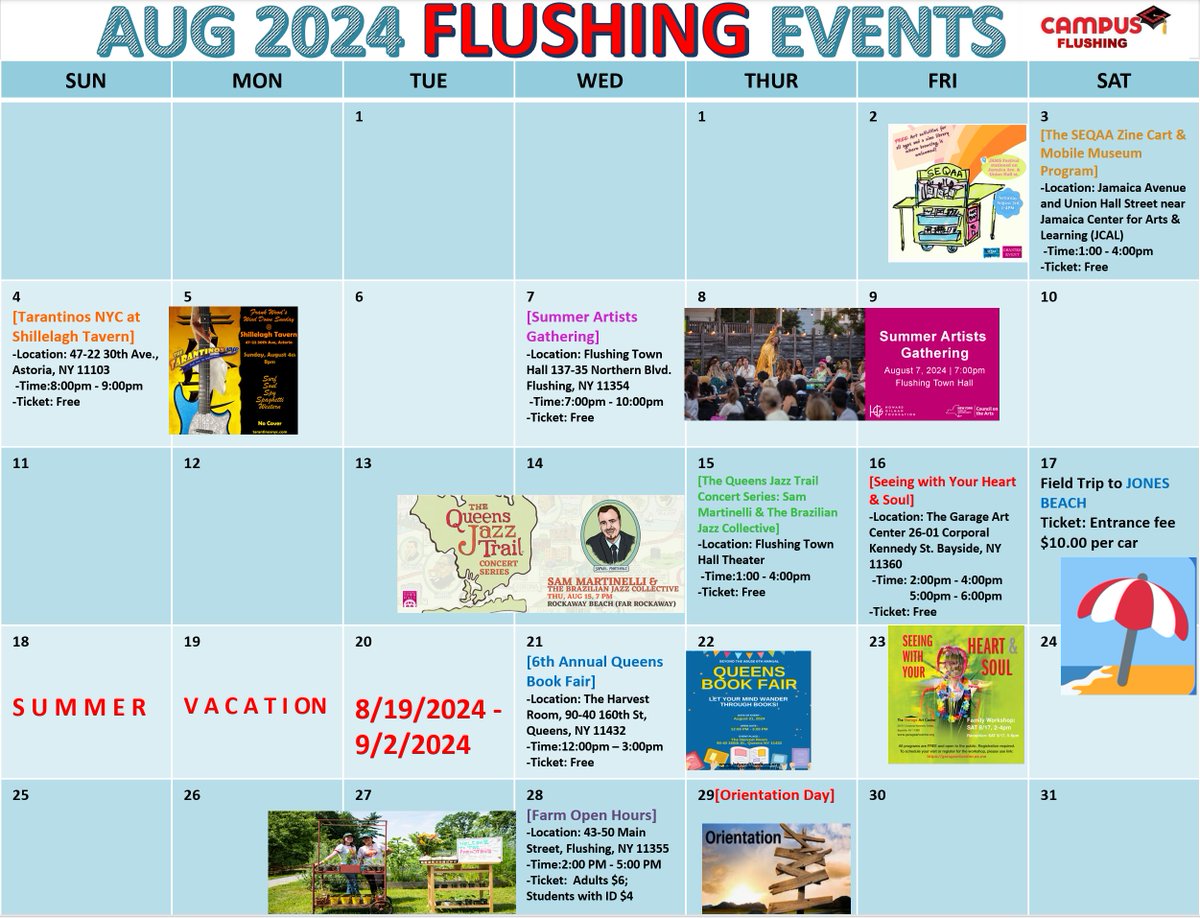 campus_flushing's tweet photo. Here is the August 2024 Calendar 📷~~ Campus Education Flushing Selects events in August for you all! HAPPY August to Everyone!! #august2024 #esl #eventscalendar #Campusflushing #Campuseducation #englishschooll #flushing #ESL #queensenglish #I20 #freestudentinsurance #学英语 https://t.co/u34YfVo8kE