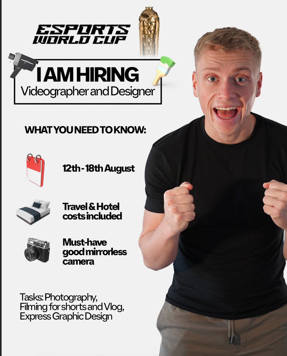 ‼️ HUGE OPPORTUNITY 🚨

I’m looking for a talented Videographer / Graphic Designer to join me in Riyadh 🇸🇦 for the Esports World Cup 🏆 

• 12-18th August 2024
• Payment, Travel &amp; Hotel included.
• Must have a decent CAMERA 📷

Direct Message me to apply 📧