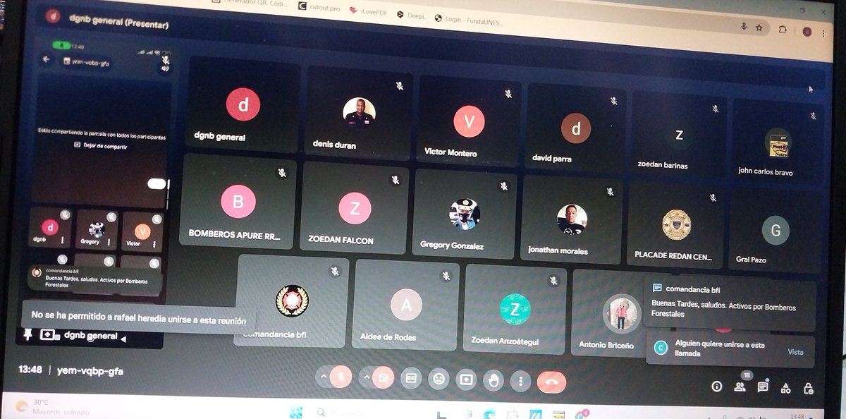 #1Ago Siguiendo instrucciones del A/J <a href="/CeballosIchaso1/">@FuerzaDinamica Remigio Ceballos Ichaso</a>, y bajo lineamientos del Almirante Juan Carlos Oti, Viceministro de Gestión de Riesgo. El Primer General <a href="/CarlosR58566170/">Carlos Rodriguez</a> realiza videoconferencia con los jefes de REDAN, ZOEDAN y Primeros Comandantes de las especialidades,