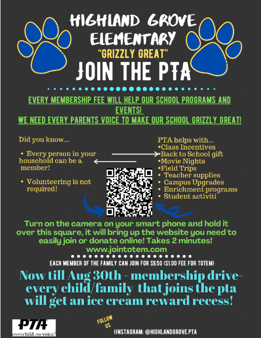 Remember to join the PTA. Each student whose family signs up will earn a Glow Party.    #grizzlygreat