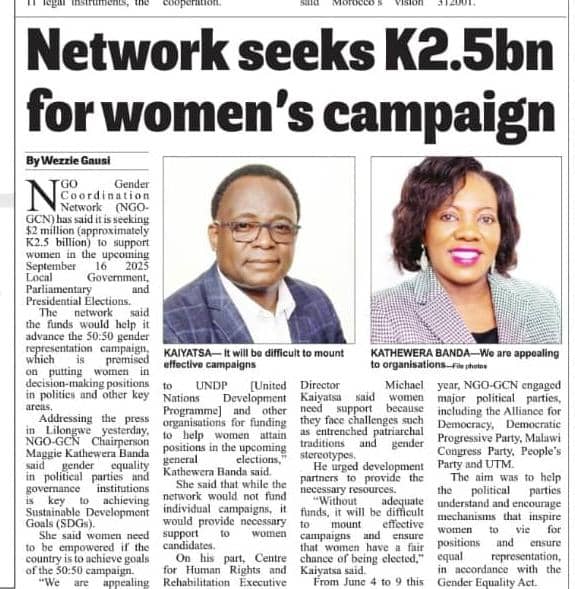 Media coverage of a press briefing #NGOGCN held in Lilongwe calling for 50-50 in political parties' conventions and beyond, and appealing for support from stakeholders.

#2025generalelections