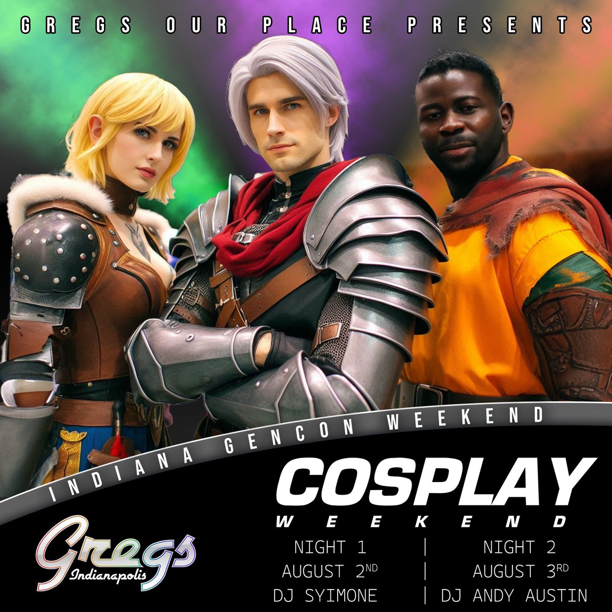 Headed to Indianapolis for #GenCon2024 
this week? Keep the fun going in your cosplay
looks and join us for Cosplay Weekend @ Gregs!

Two great DJs kick things off at 10pm both nights. And move to the dance floor after the Sirens show.