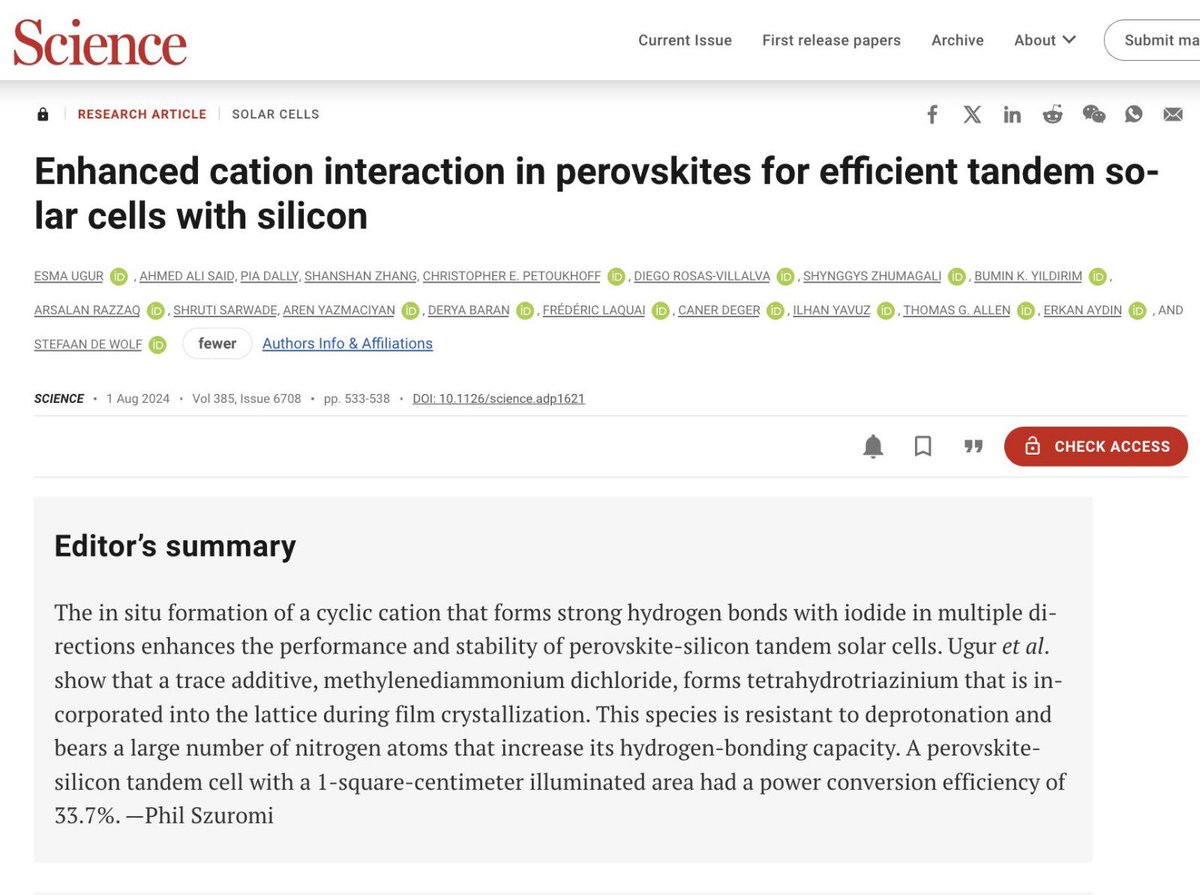 Esma Ugur (@esmaugura) on Twitter photo 🚨 paper alert 🚨
In our latest research online <a href="/ScienceMagazine/">Science Magazine</a>, we explored the importance of the perovskite absorber phase stability, and discussed how to achieve an independently certified PCE of 33.7% perovskite/silicon tandems. For details 👉🏻👉🏻 science.org/doi/10.1126/sc… 🚨 paper alert 🚨
In our latest research online <a href="/ScienceMagazine/">Science Magazine</a>, we explored the importance of the perovskite absorber phase stability, and discussed how to achieve an independently certified PCE of 33.7% perovskite/silicon tandems. For details 👉🏻👉🏻 science.org/doi/10.1126/sc…