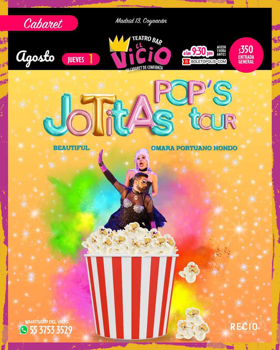 ¿Eres una señora que canta y hace catarsis mientras lava los trastes? ¿El chisme es tu pasión? JOTITAS POP´S TOUR es para ti. Se presenta hoy en <a href="/elvicioteatro/">Teatro Bar El Vicio</a> a las 21:30h, tengo 5 pases dobles ¿Quién dice yo?