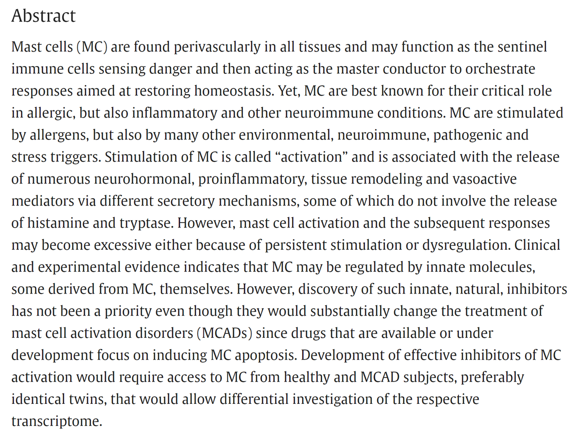 chydorina's tweet photo. I know I shouldn't play favorites but Dr. Theo Theoharides, the 'mast cell master' is my personal favorite mast cell researcher. 

This is his new (very readable) paper which is a great introduction and overview. 

Mast Cells: The Unregulated Master Immune Response Conductor (2024)
https://t.co/DbbeO9LqbG

Excellent section on treatment and IMPORTANT information on the mediators that are released when mast cells degranulate. There is MUCH more than just histamine release going on - which is why for some antihistamines alone will not cut-it for treatment.
