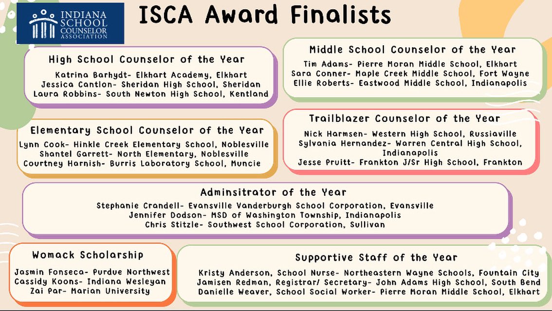 We are excited to announce the top 3 ISCA Award Finalists! 
The Winners will be notified in the coming weeks, and the Indiana School Counselor of the Year will be announced at the ISCA Fall Conference in November!