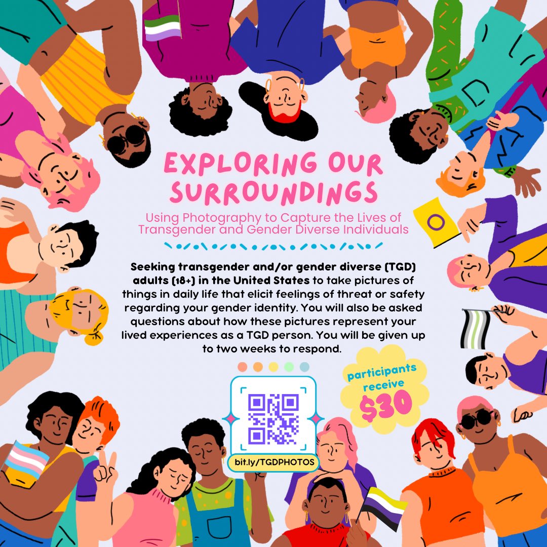🌟Transgender &amp; Gender Diverse Study🌟 

I'm a trans researcher studying how we identify safety/threat cues in our surroundings. Take photos and earn a $30 Amazon gift card! 🏳️‍⚧️💵

Sign up here: bit.ly/TGDPHOTOS

#TransCommunity #TransIsBeautiful #TransRights #LGBTQ