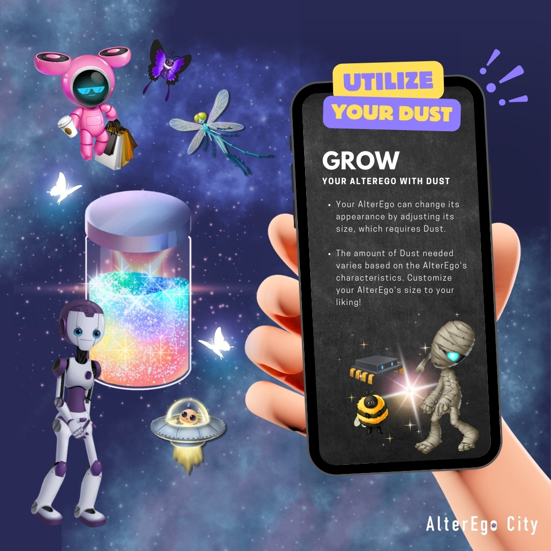 AlteregoCity's tweet photo. ✨Transform your AlterEgo with Dust! ✨ 

Each AlterEgo has unique Dust requirements for changing their look and size. Check the requirements for your AlterEgo, and customize to make them uniquely yours! https://t.co/PAG8BvU225 https://t.co/WZGiDn1Kln
