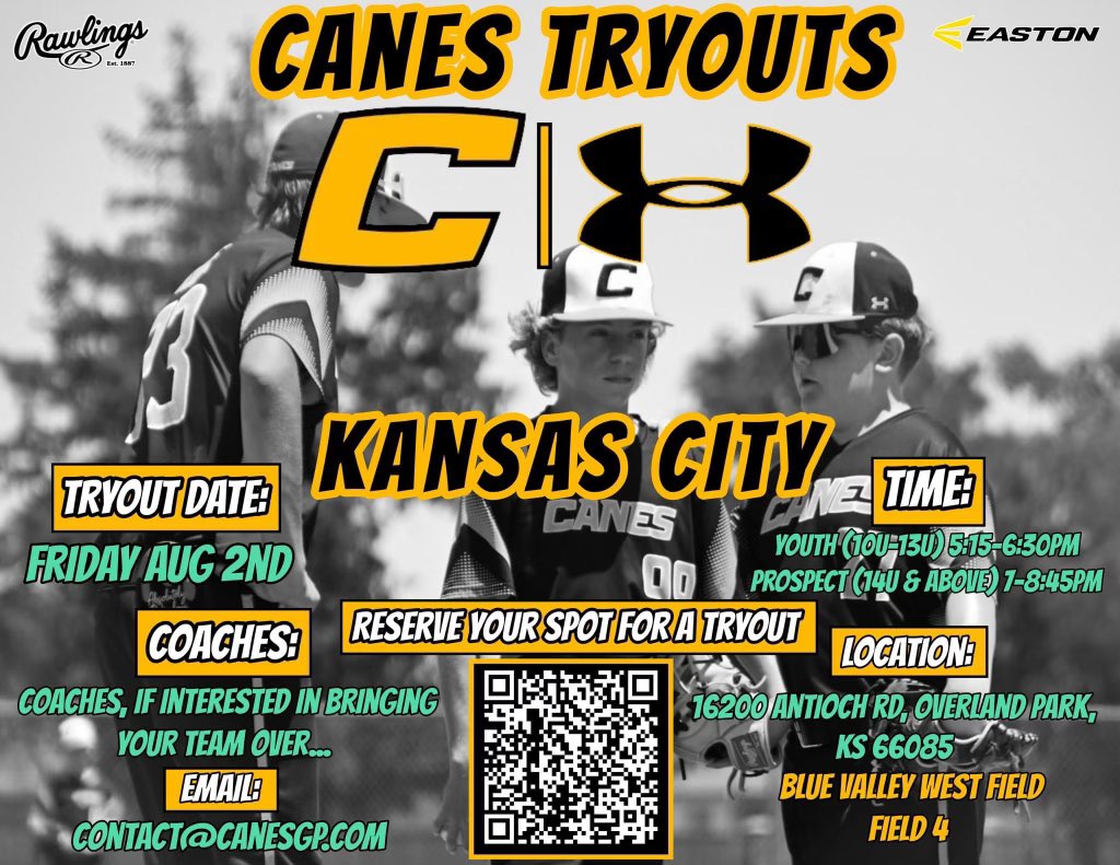 baseballCanesKC's tweet photo. 📣Reminder: tryouts tomorrow and come meet National Scouting Director, Mike Phelps. #canesbaseball @thecanesgp @CanesBaseballKC https://t.co/5uriHRmM4D