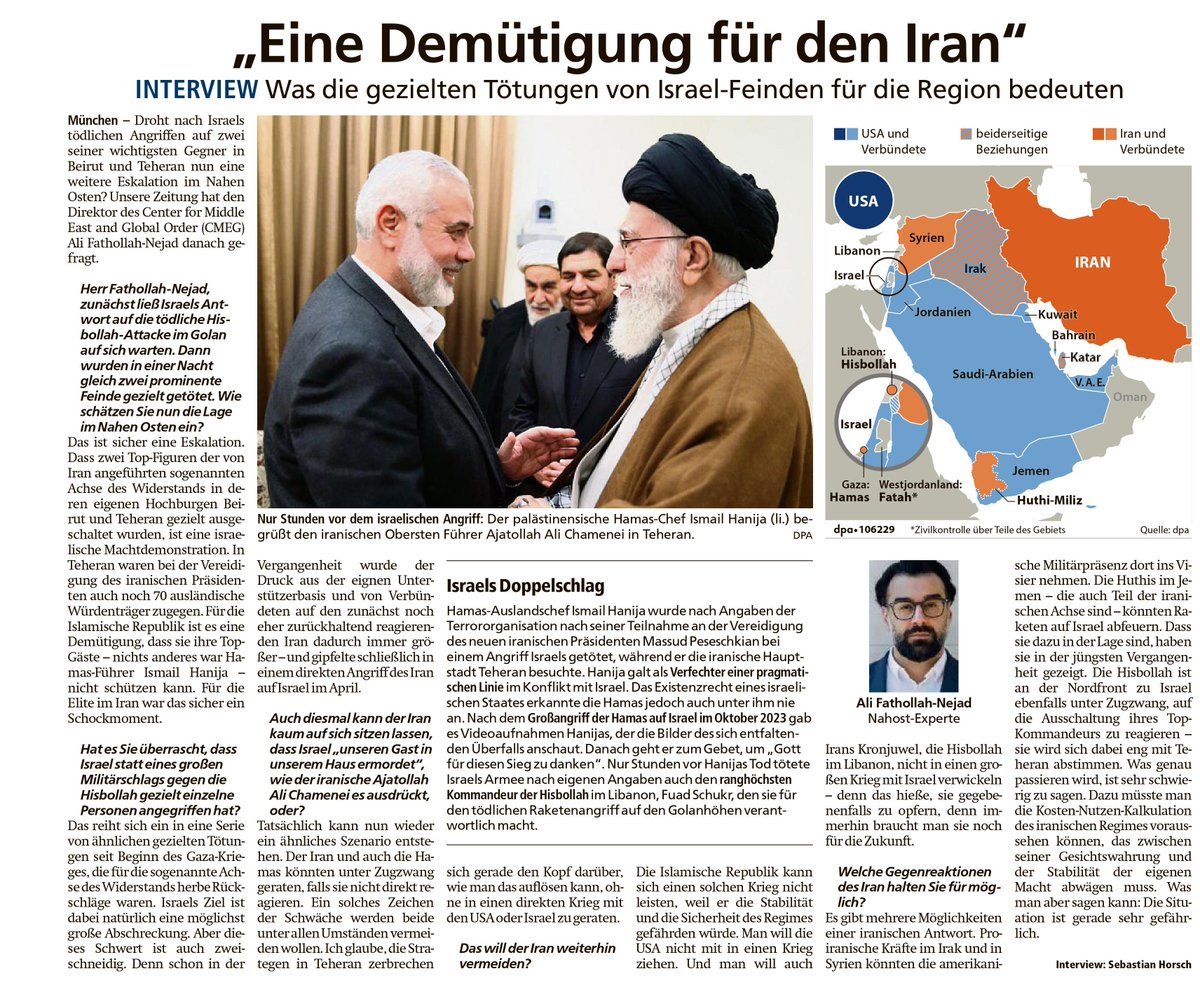 Mein Interview mit dem Münchner <a href="/MerkurStadt/">Münchner Merkur</a> (S. 2) zu den gezielten Tötungen von #FuadShukr von der #Hezbollah und #IsmailHaniyeh von der #Hamas sowie Szenarien zu deren Implikationen.